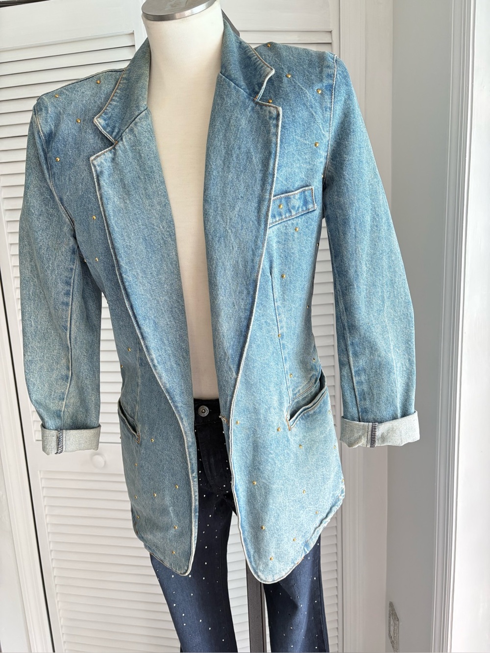 Light Blue with gold Studs Denim Blazer Jacket - Women’s Size S